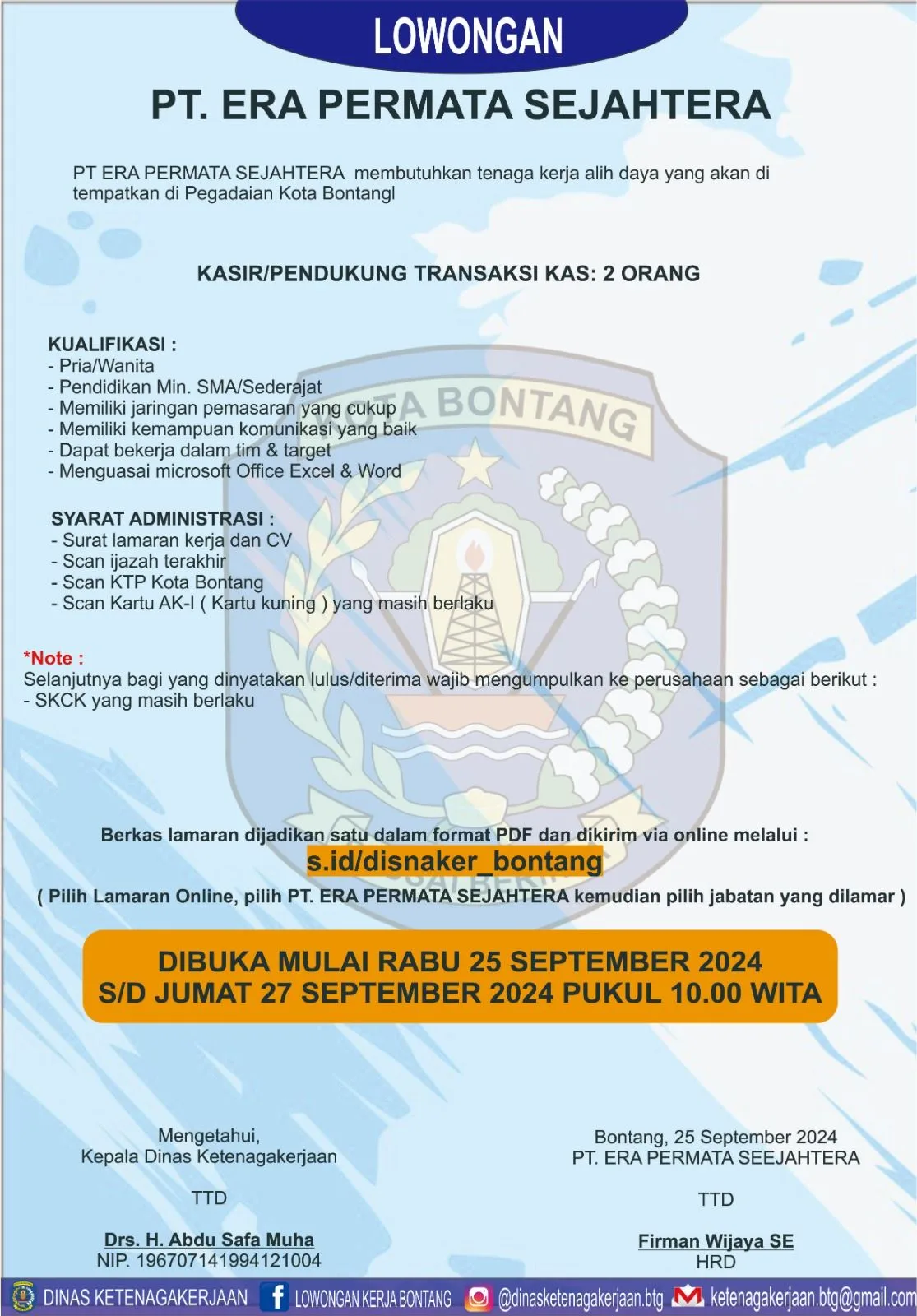 PT. Era Permata Sejahtera Buka Lowongan untuk Posisi Kasir di Pegadaian Kota Bontang