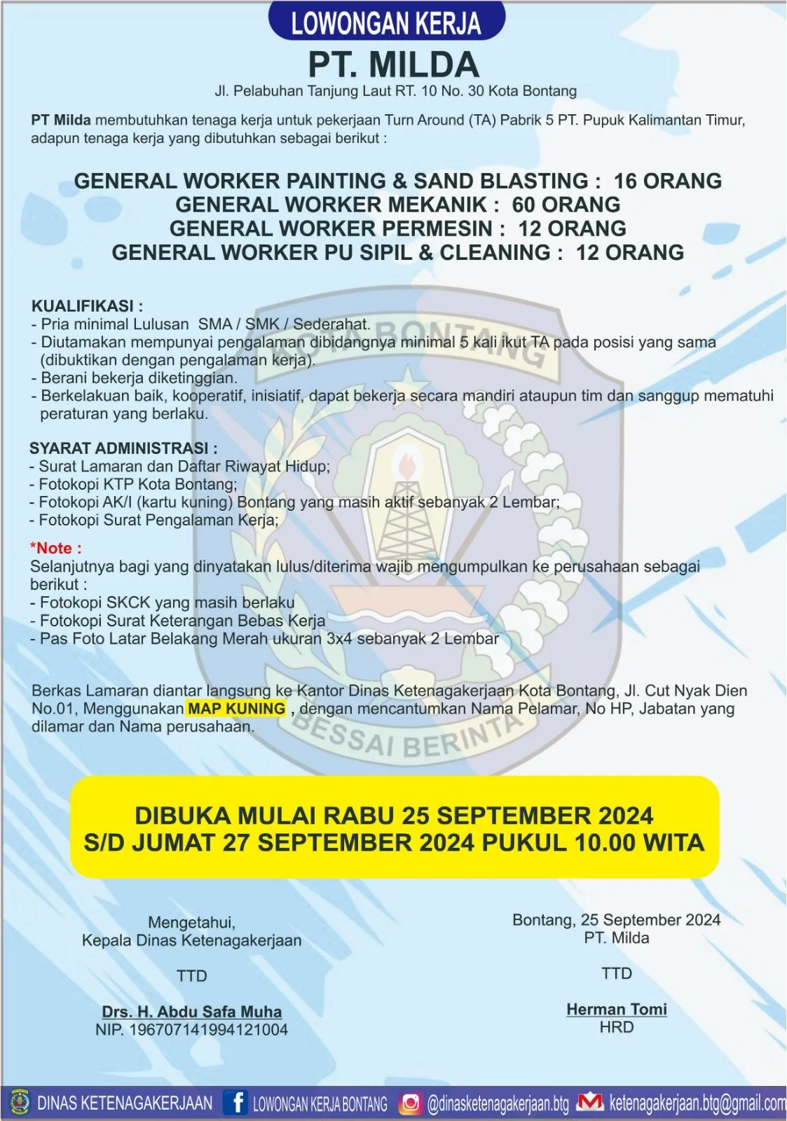 PT. Milda Buka Lowongan Besar-besaran untuk Proyek Turn Around PT. Pupuk Kalimantan Timur