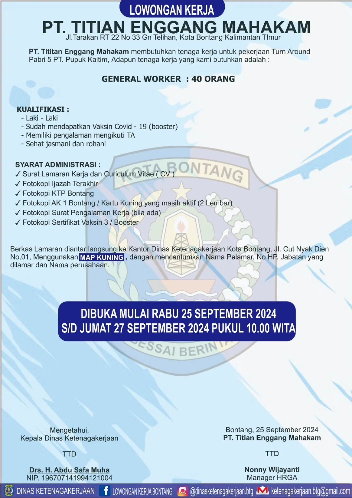 PT. Titian Enggang Mahakam Buka Lowongan untuk Proyek Turn Around PT. Pupuk Kalimantan Timur