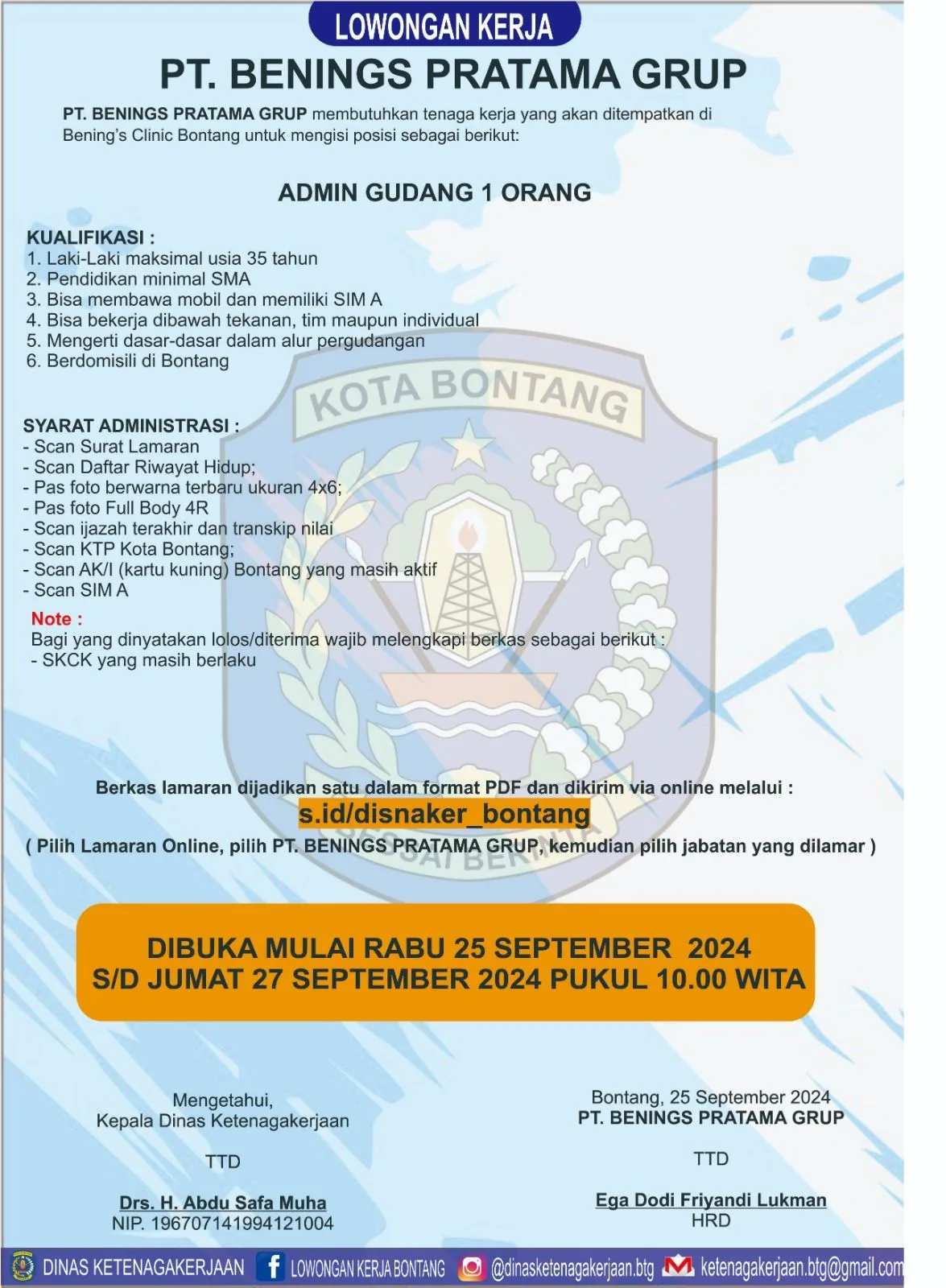 PT. Benings Pratama Grup Buka Lowongan untuk Posisi Admin Gudang di Bontang