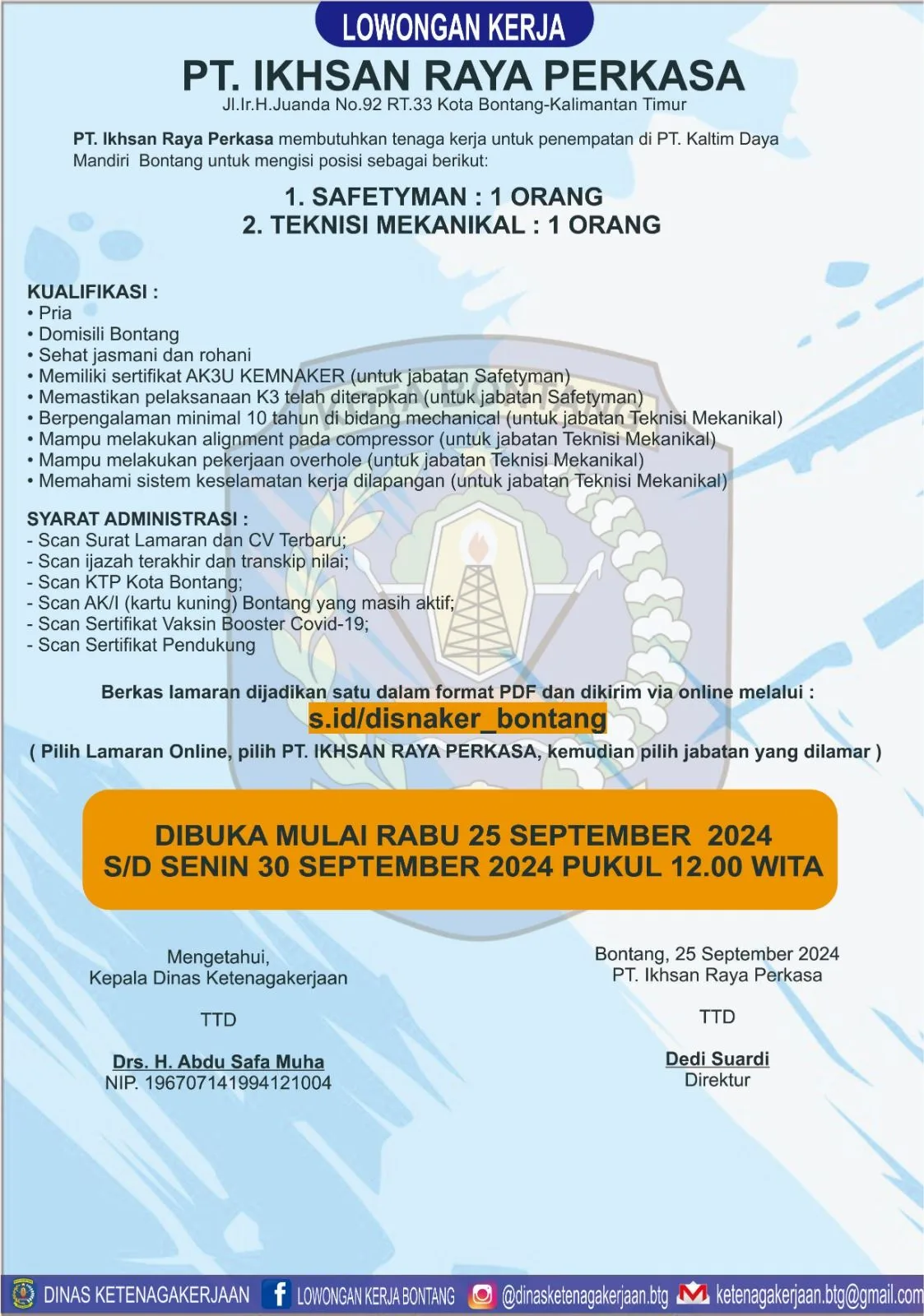PT. Ikhsan Raya Perkasa Buka Lowongan untuk Proyek PT. Kaltim Daya Mandiri Bontang