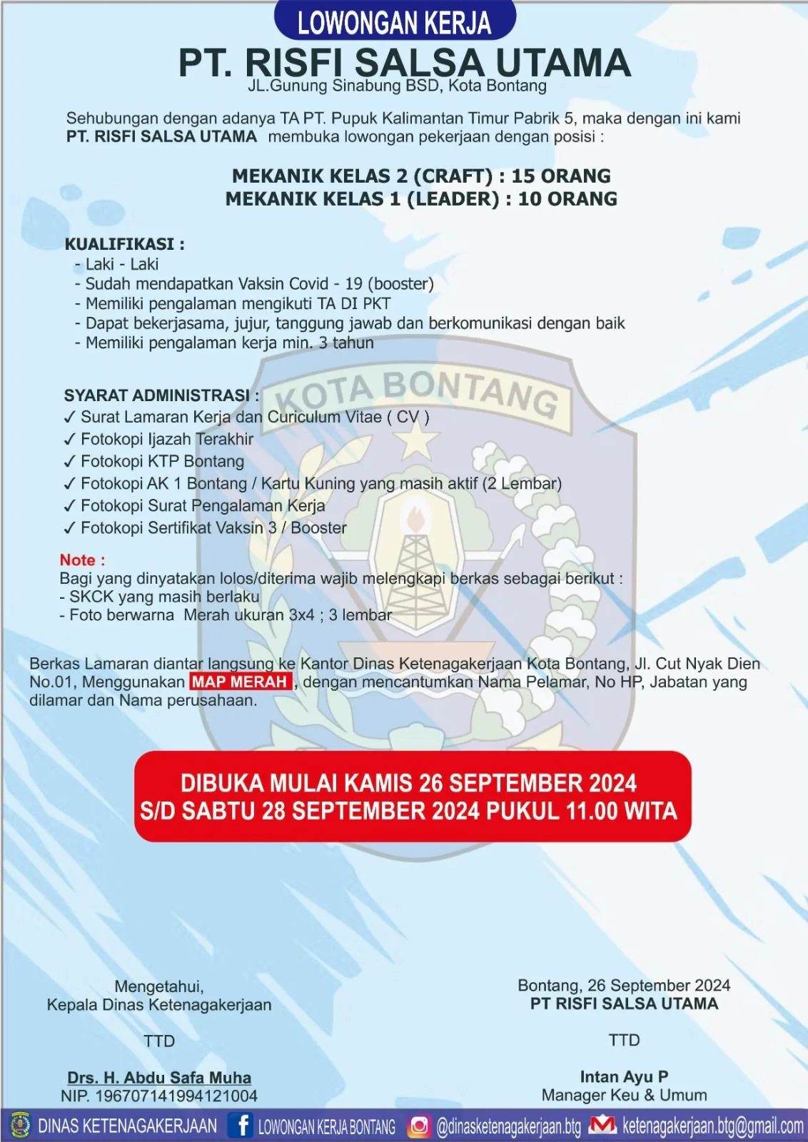 PT. Risfi Salsa Utama Buka Lowongan untuk Proyek PT. Pupuk Kalimantan Timur