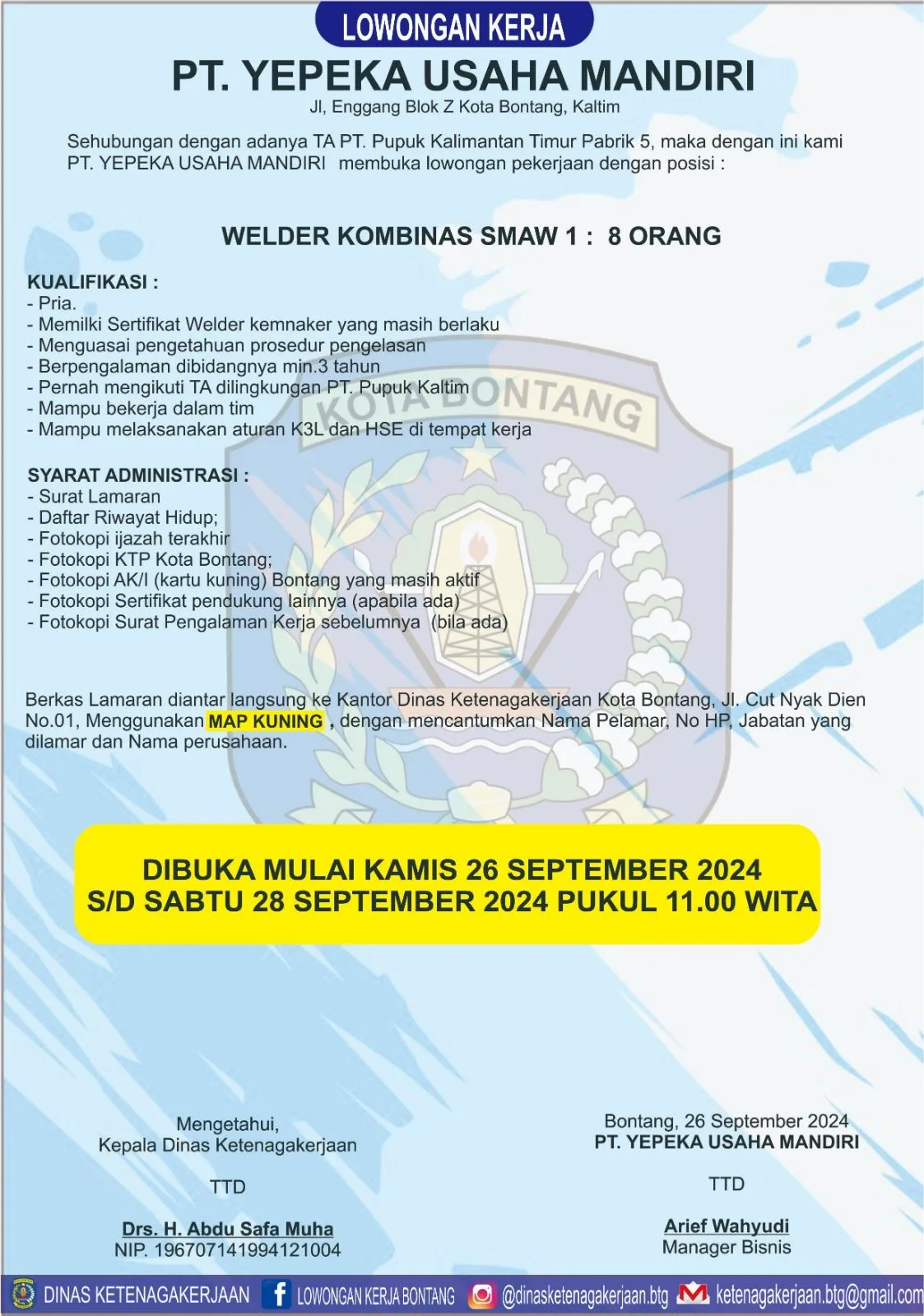 PT. Yepeka Usaha Mandiri Buka Lowongan untuk Proyek PT. Pupuk Kalimantan Timur