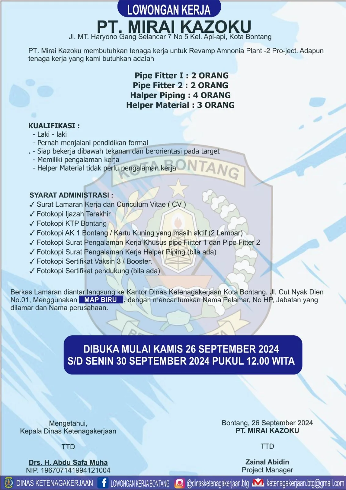 PT. Mirai Kazoku Buka Lowongan untuk Proyek Revamp Ammonia Plant-2