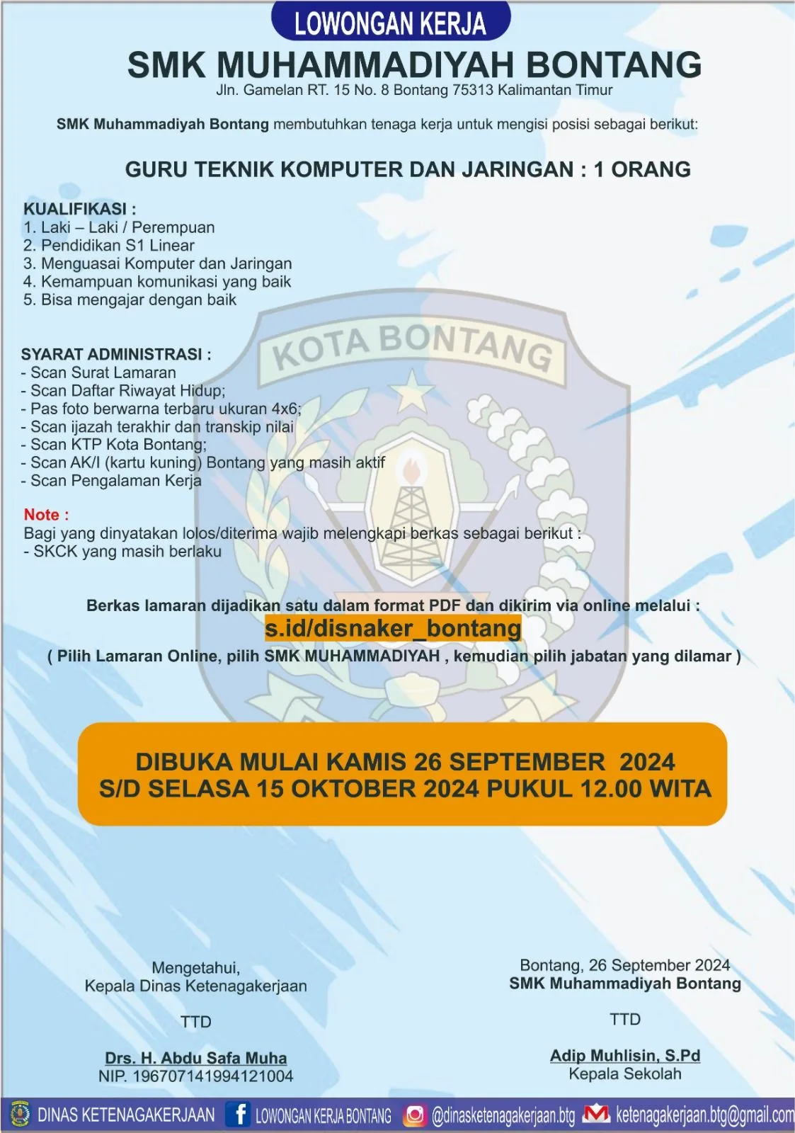 SMK Muhammadiyah Bontang Buka Lowongan Guru Teknik Komputer dan Jaringan!