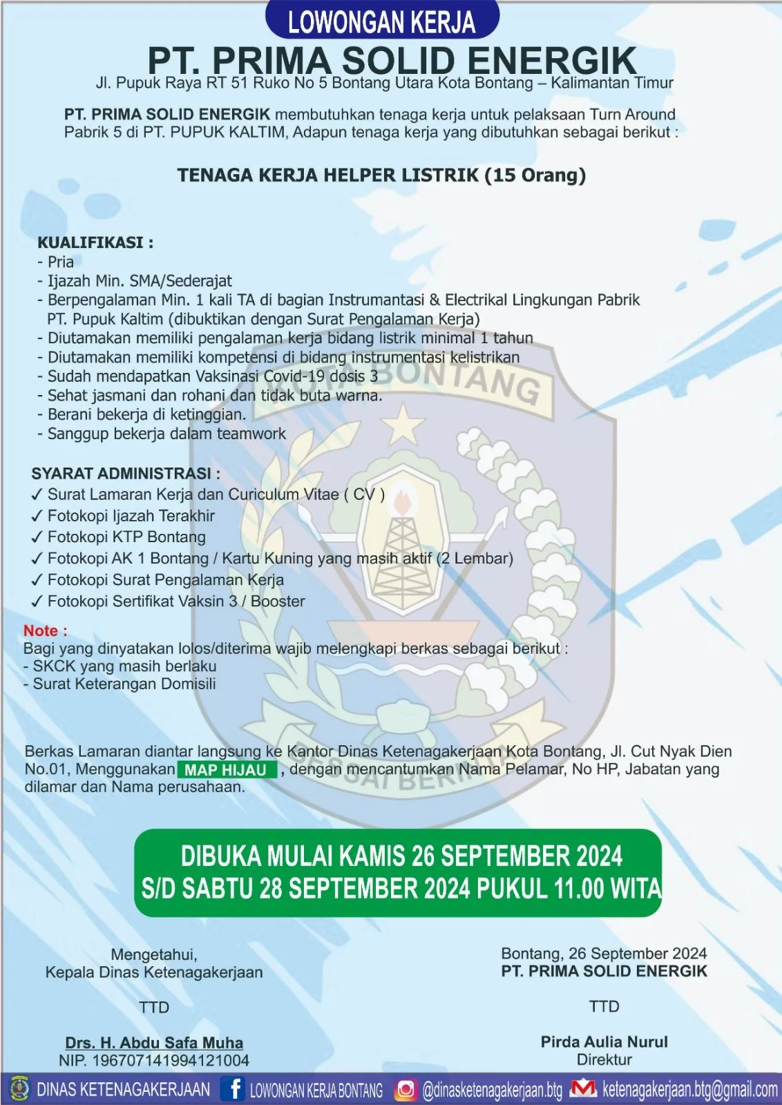 PT. Prima Solid Energik Buka Lowongan untuk Proyek Turn Around Pabrik 5 Pupuk Kaltim!