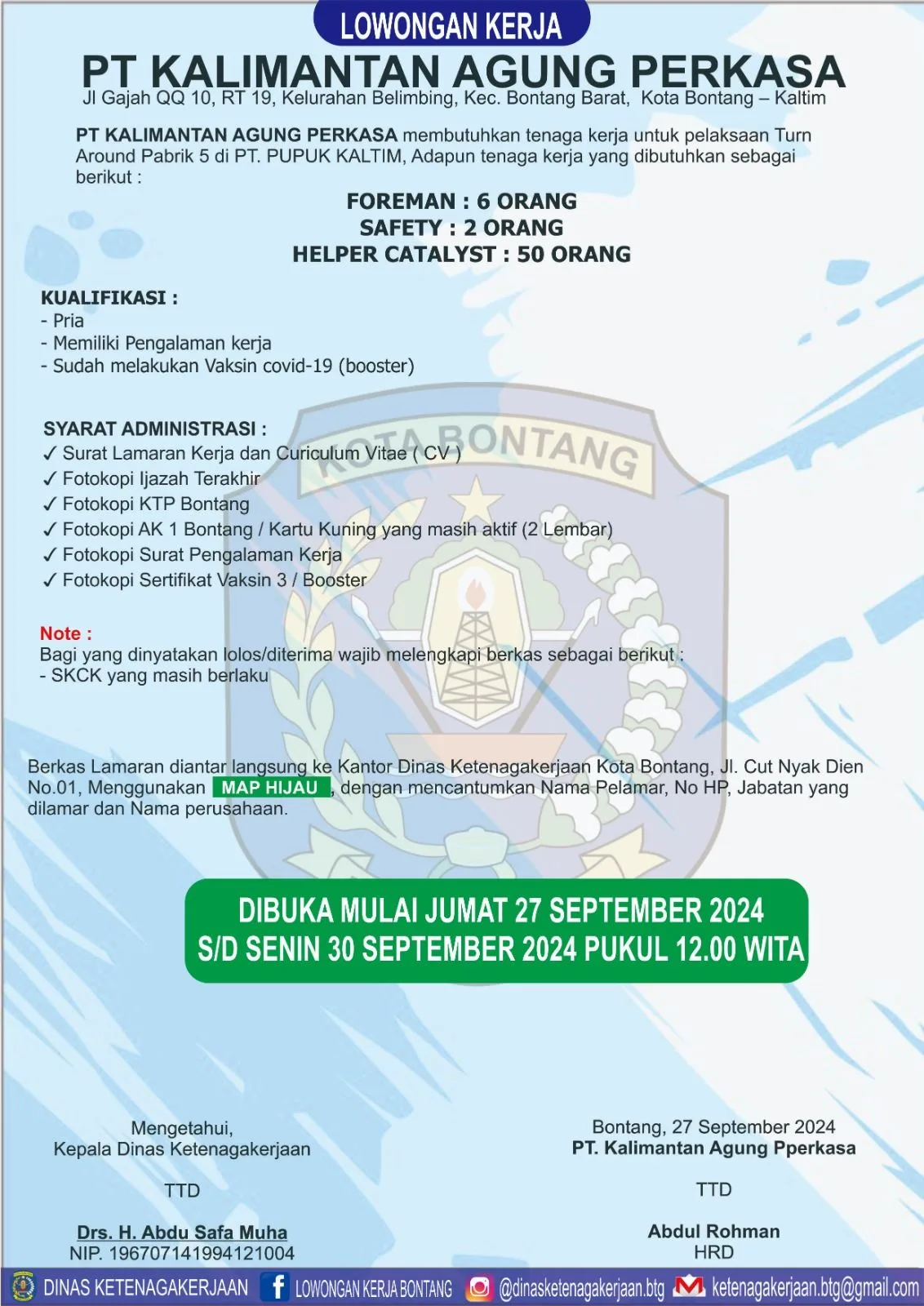 PT. Kalimantan Agung Perkasa Buka Lowongan untuk Proyek Turn Around Pabrik 5 Pupuk Kaltim!