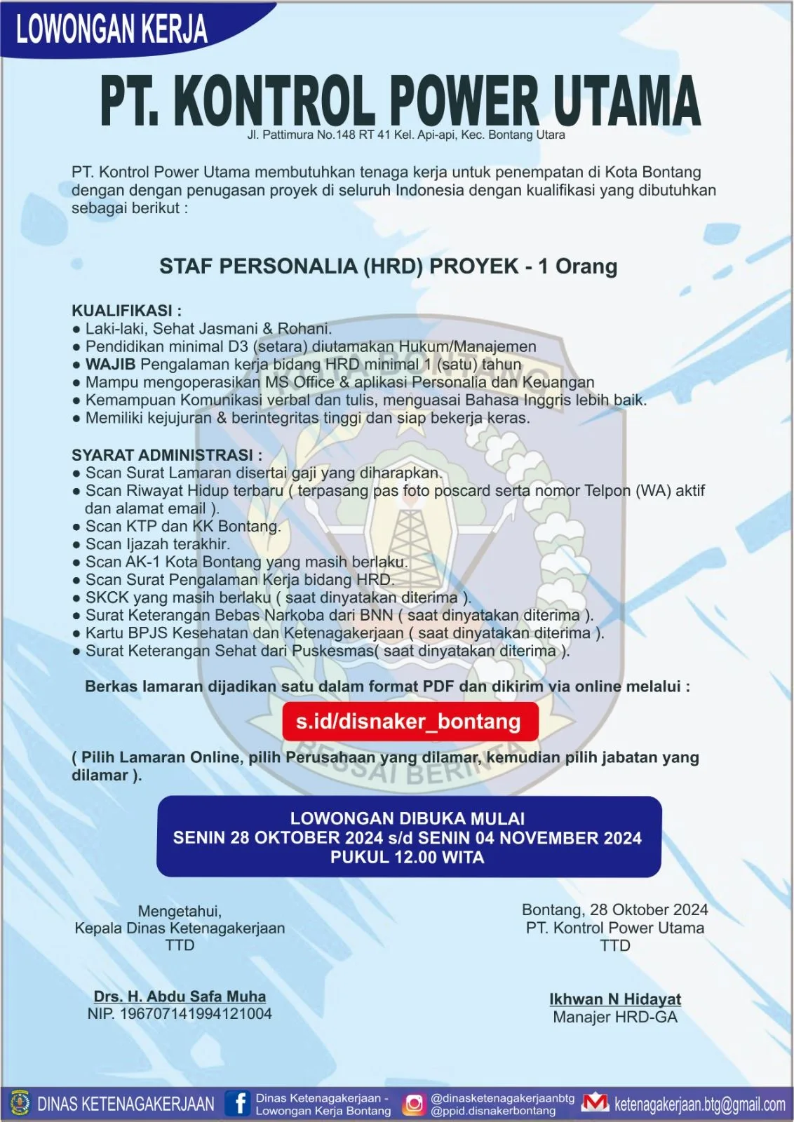 PT. Kontrol Power Utama Buka Lowongan Staf Personalia (HRD) Proyek!