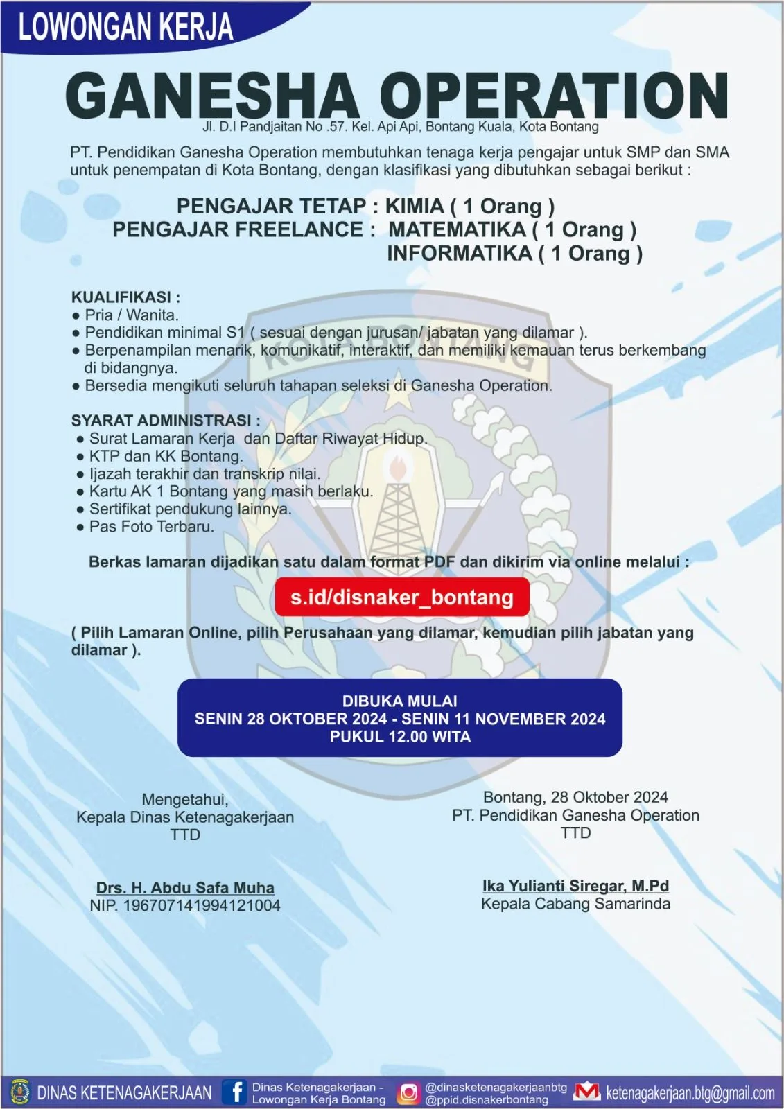 Ganesha Operation Buka Lowongan Guru untuk SMP dan SMA di Bontang!