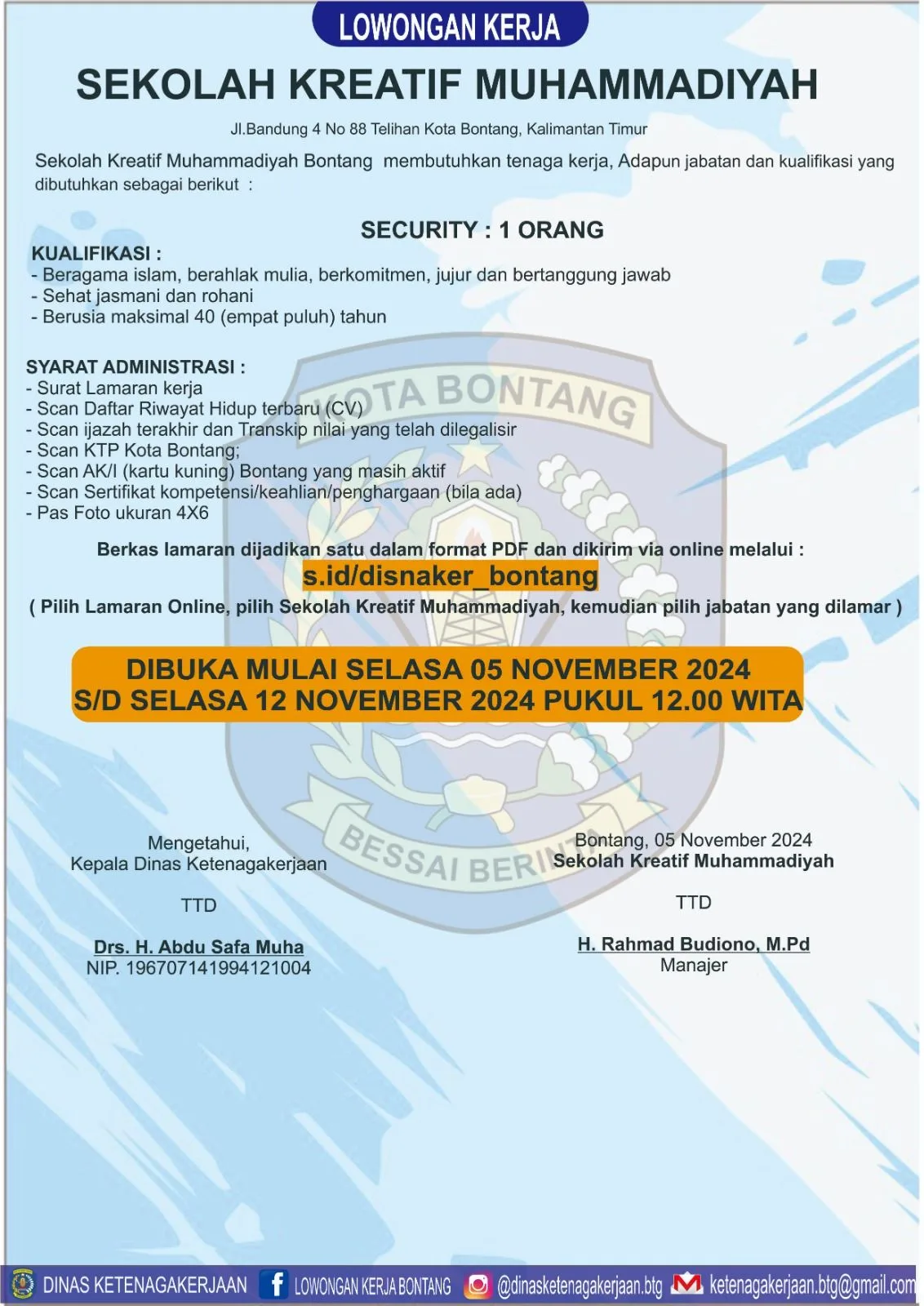 Sekolah Kreatif Muhammadiyah Bontang Buka Lowongan Posisi Security!