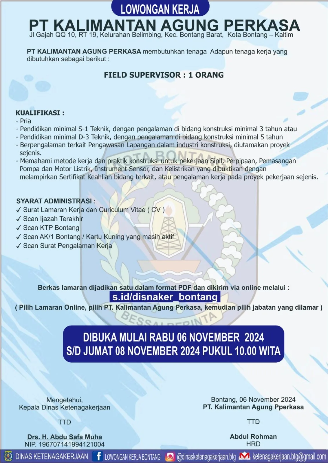 PT. Kalimantan Agung Perkasa Buka Lowongan Posisi Field Supervisor di Bontang!