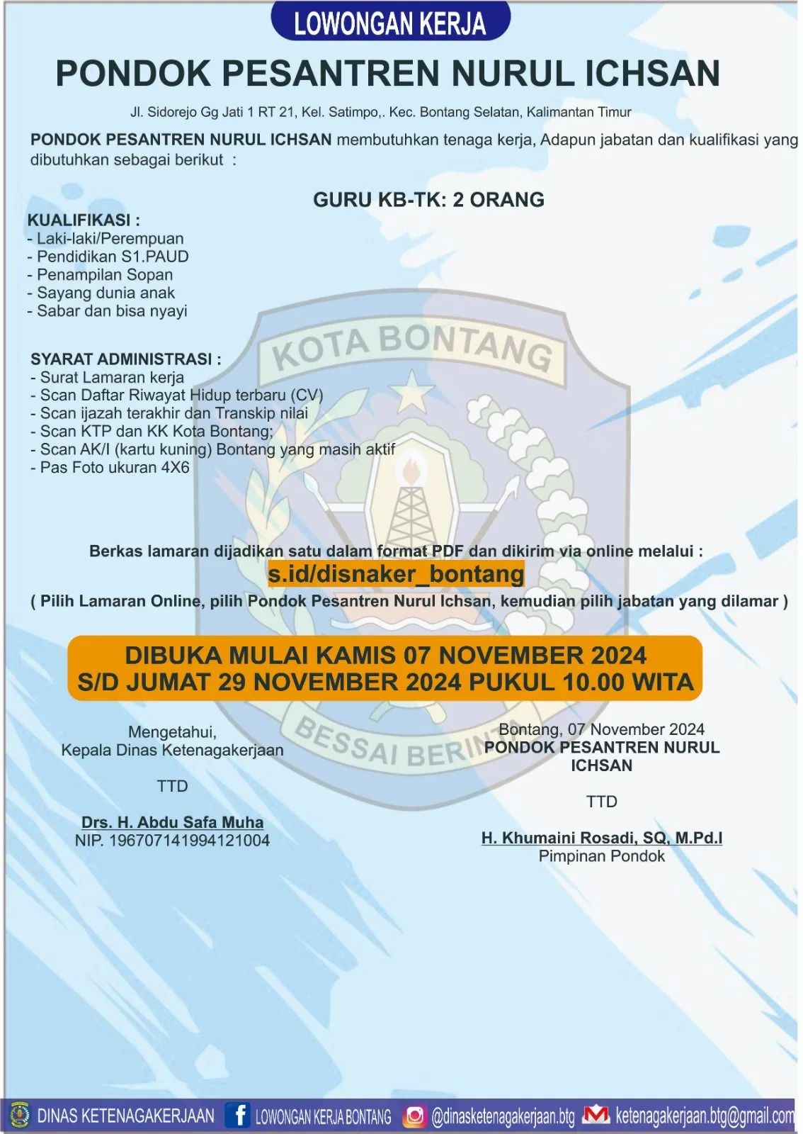 Pondok Pesantren Nurul Ichsan Buka Lowongan Guru KB-TK di Bontang!
