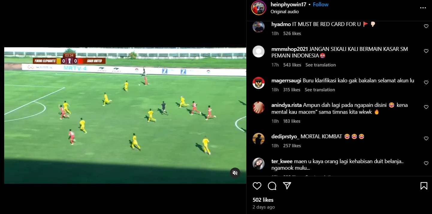 Marselino Jadi Target Tendangan Hein Phyo Win, Netizen Indonesia Geruduk Akun Pemain Myanmar