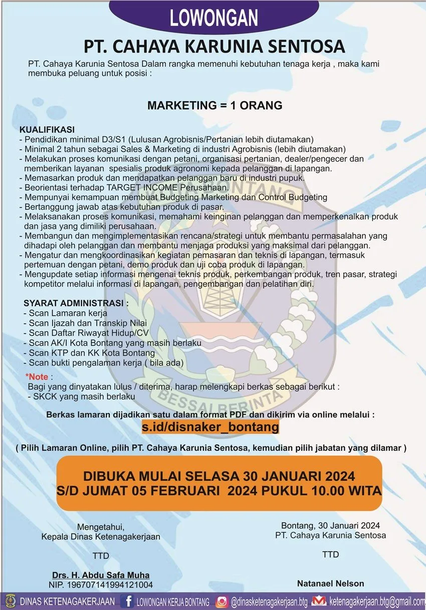 Lowongan Kerja PT. Cahaya Karunia Sentosa, Apa Kualifikasi Dibutuhkan?
