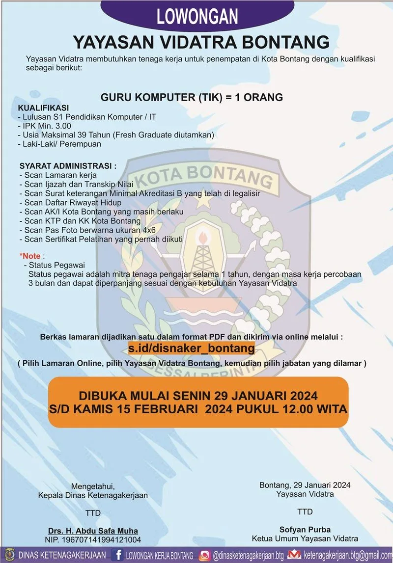 Lowongan Kerja Yayasan Vidatra, Apa Kualifikasi Dibutuhkan?