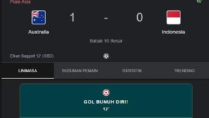 Australia unggul 1-0 lawan Indonesia di babak 16 besar Piala Asia 2023.