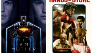 Kolase poster film yang tayang di Bioskop Trans TV malam ini, I am Mother dan Hands of Stone.