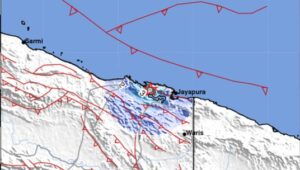 Peta lokasi pusat gempa bumi di Jayapura, Minggu 3 Maret 2024.