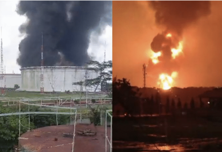 Potret video-video amatir insiden kebakaran Kilang Pertamina di Cilacap, Jawa Tengah. Kasus yang terjadi tahun 2025 (kiri) dan pada tahun 2021 (kanan)