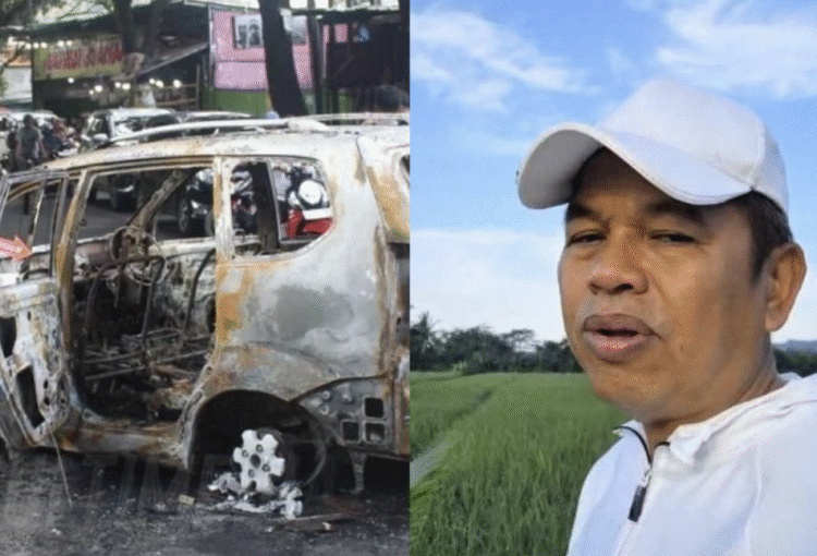Potret mobil polisi yang terbakar di Depok (kiri) dan Gubernur Jawa Barat, Dedi Mulyadi (kanan).