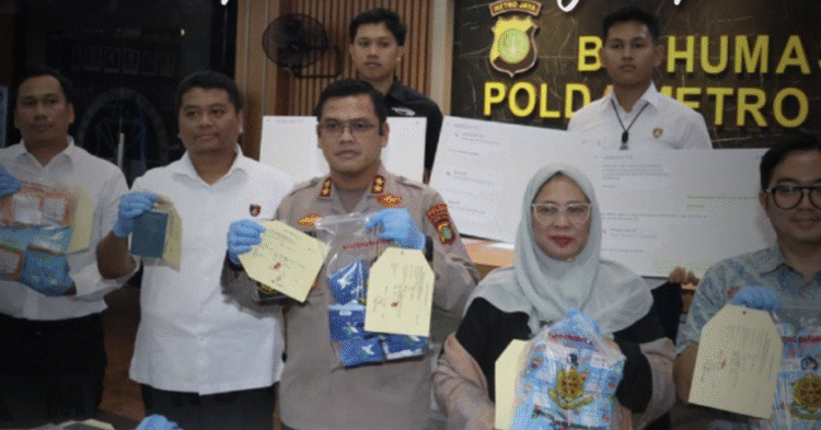 Kasubbid Penmas Bidhumas Polda Metro Jaya, AKBP Reonald Simanjuntak (tengah) saat melakukan pengungkapan kasus pembobolan rekening.