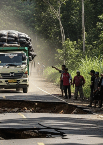 Ilustrasi truk ODOL melewati jalan rusak. (Dibuat oleh Gemini AI)