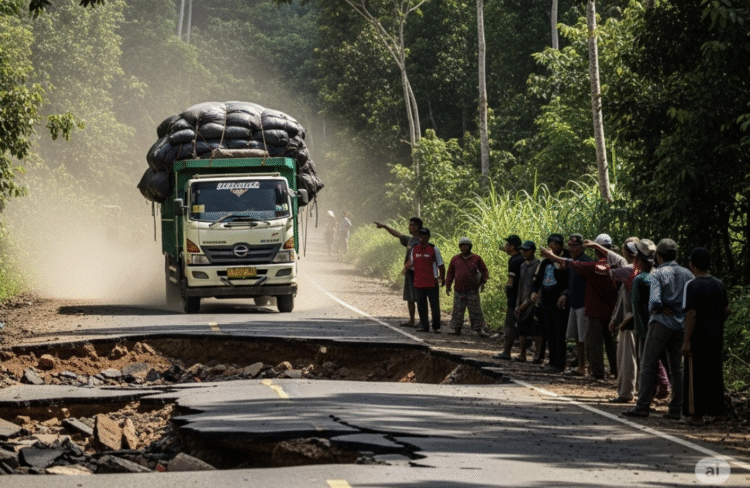 Ilustrasi truk ODOL melewati jalan rusak. (Dibuat oleh Gemini AI)