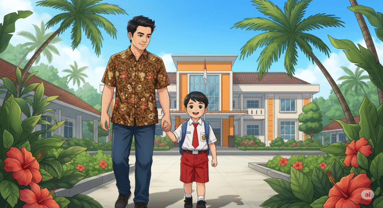 Ilustrasi ayah mengantarkan anak sekolah di hari pertamanya. (Dibuat oleh Gemini AI)